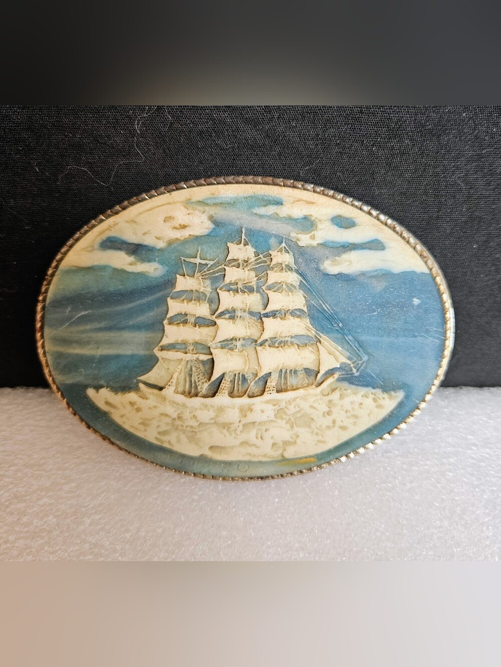 Vintage Incolay Stone Belt Buckle Cameo Sailing Ship Boat Clipper Nautical